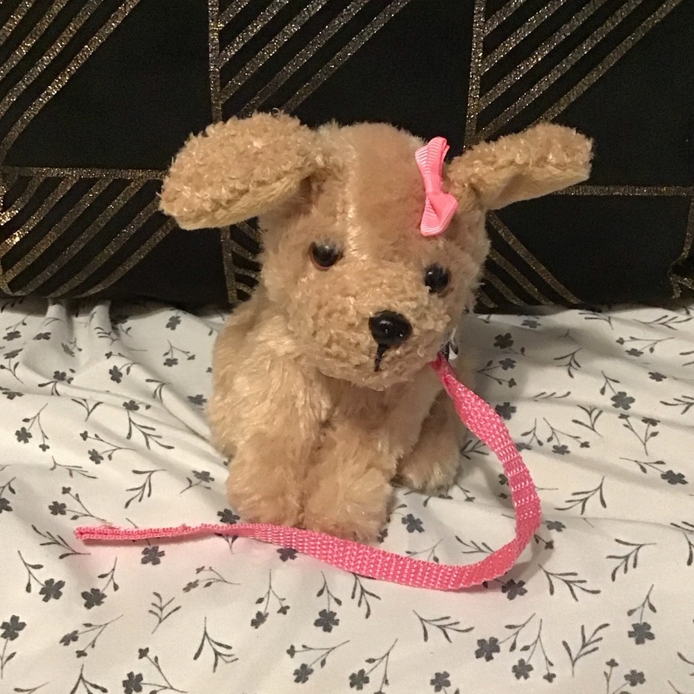 Cute Tan Plush Dog Toy with Pink Bow and Leash